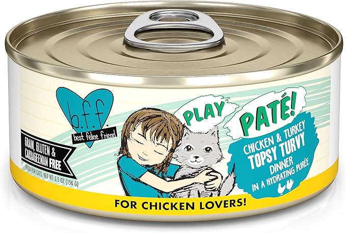 Weruva B.F.F. Play - Best Feline Friend Paté Lovers, Aw Yeah!, Chicken & Turkey Topsy Turvy with Chicken & Turkey, 5.5oz Can (Pack of 8)