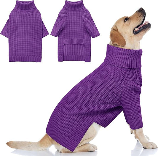 Queenmore Large Dog Sweater, Plaid Dog Sweaters for Large Dogs, Turtleneck Pet KintSweater with Check Pattern, Long Sleeve Holiday Pet Knitwear, Solid, Purple L