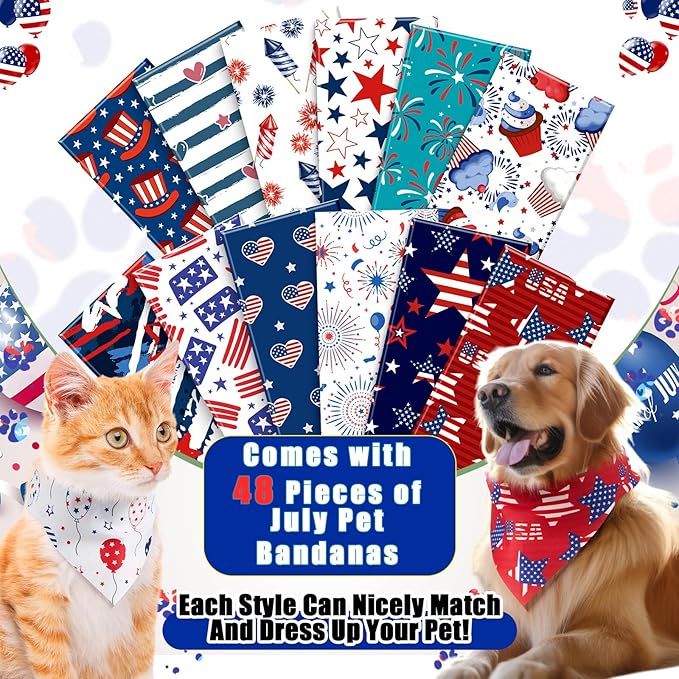 Sanwuta 48 Pcs 4th of July Dog Bandanas for Pets Dog Bandanas Gifts Independence Day Scarf Washable Triangle American Flag Patriotic Puppy Bibs Adjustable Kerchief for Pet Accessories Washable Scarves