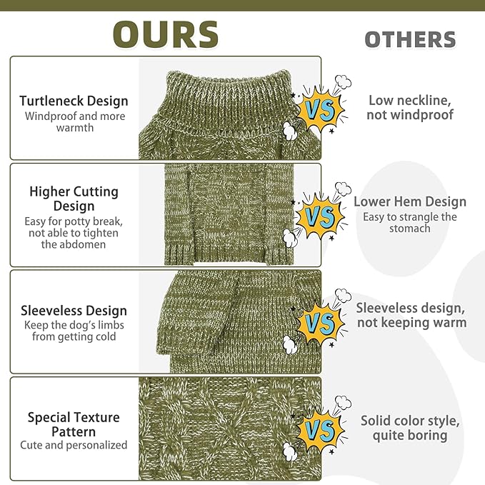 KOOLTAIL Thermal Knitted Dog Sweater for Small Medium Large Dogs, Turtleneck Cable Knit Doggy Winter Coat Warm Clothes Sweatshirt Outfits for Cold Weather,Pullover Pet Jumper for Puppy Cats Green XL