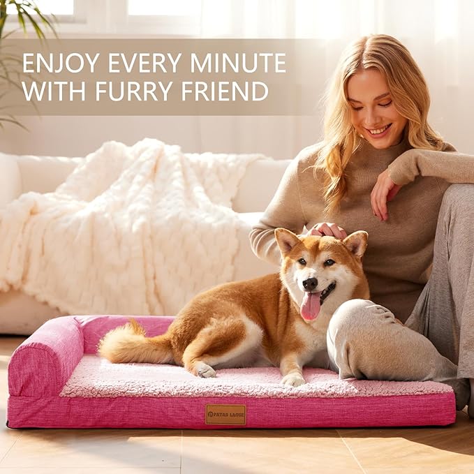 Patas Lague Orthopedic Dog Bed Large Sized Dog 36''X24'', Waterproof L Bolster Medium Pet Sofa Beds with Removable Washable Cover, Soft Comfortable Pet Couch Crate Mat with Nonskid Bottom, Pink