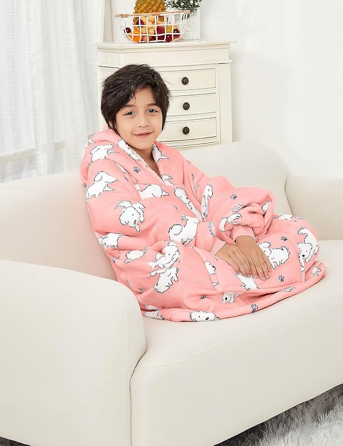 KFUBUO Wearable Blanket Hoodie for Kids Sherpa Dog Patterns Oversized Sweatshirt Blanket with Pocket 6-10 Year Old Girl Boy Birthday Gifts