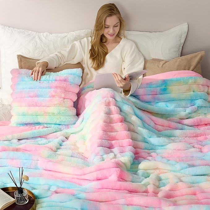 Cozy Bliss Faux Fur Throw Blanket for Couch, Cozy Warm Plush Striped Blanket for Sofa Bedroom Living Room, 60 * 80 Inches Tie-dye Rainbow