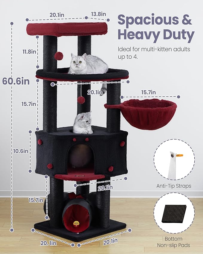 Cat Tree Tower for Indoor Cats Large Adult - Heavy Duty Extra Wide Maine Coon Condo House with Hammock Scratching Post Tunnel - 60 Inch XL Feline Bed Condos Trees - Big Multi Level Cat Houses Stand
