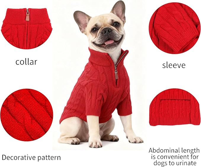 Medium/Large Dog Sweater, Warm Dog Winter Coat w/Sleeves, Comfortable High Neck Premium Dog Clothes for Bulldog-Best for Holidays, Daily Walks L Red