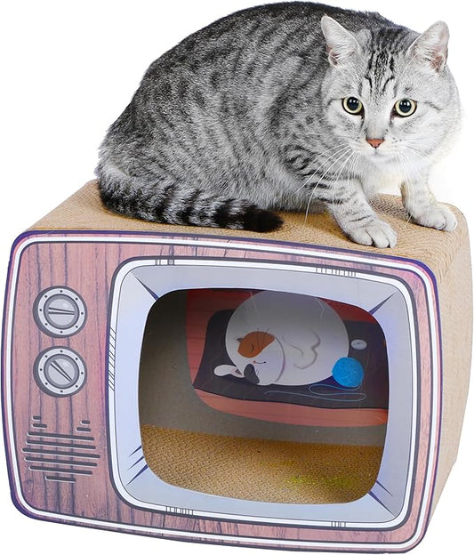 TV Cat Scraper - Durable Cat Leisure Bed - Indoor Scraper and Play House - Corrugated Toy Cat Birthday - 16.9L*12.5W*9H