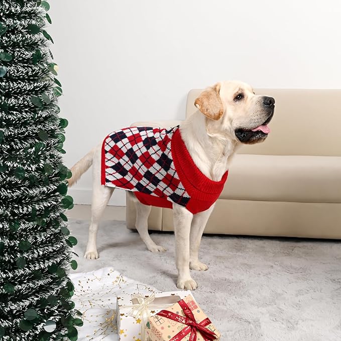 Dog Sweater for Large Dogs Plaid Checkered Knit Turtleneck Pullover Winter Clothes Boys Girls Stretch Golden Retriever Labrador Bulldog Pitbull Doberman Christmas Pet XL