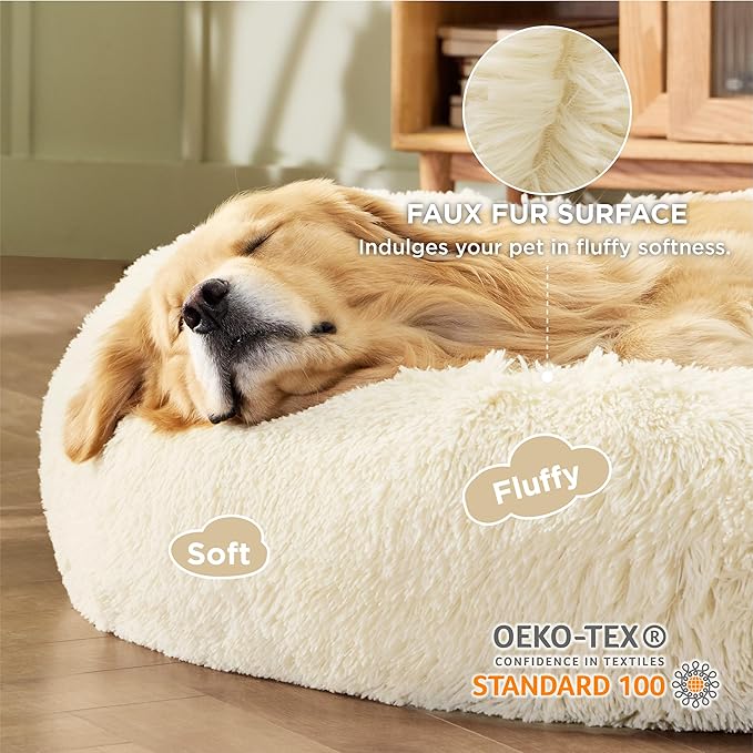 Bedsure Calming Dog Bed for Extra Large Dogs - Donut Washable Large Pet Bed, Anti-Slip Round Fluffy Plush Faux Fur Dog Bed, Fits up to 120 lbs Pets, Ivory Beige, 45 inches
