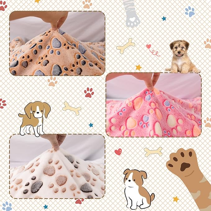 Rezutan Dog Blankets for Large Dogs, Upgraded 3 Pack Dogs Cat Blanket Washable 41" x 31", Soft Pet Throw Cover Suitable for Kennel Crate Bed, Cute Paw Pattern, White/Brown/Pink