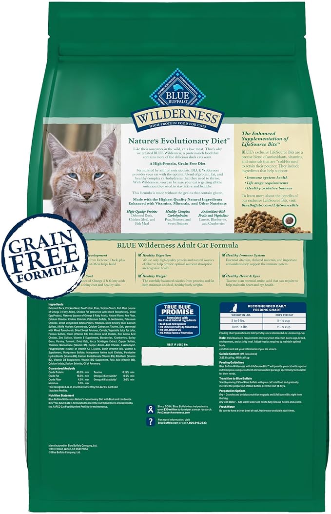 Blue Buffalo Wilderness Nature's Evolutionary Diet High-Protein, Grain-Free Natural Dry Food for Adult Cats, Duck, 5-lb. Bag