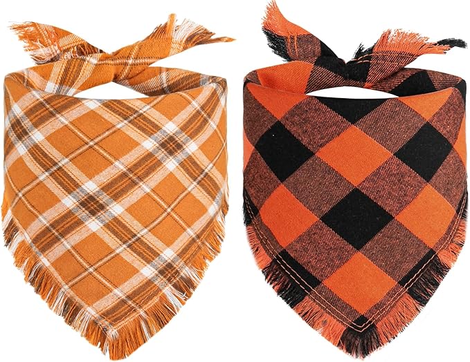 Kytely Fall Dog Bandana Autumn Thanksgiving Dog Bandanas Large, Orange Plaid Pet Scarf for Boy and Girl, Holiday Halloween Reversible Triangle Bibs Accessories for Dogs Pets