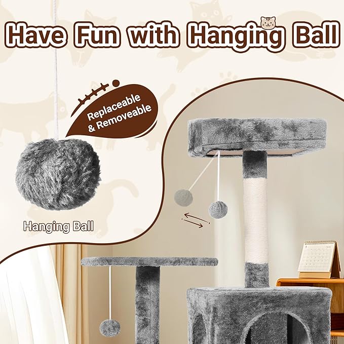Cat Tree, 54-Inch Cat Tower for Indoor Cats,Plush Multi-Level Cat Condo with Scratching Posts, Basket, Perches,2 Caves,2 Pompoms(Gray)