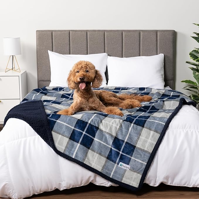 PetAmi Waterproof Dog Blanket for Medium Large XL Dog Puppy Cat Throw for Couch Cover Leakproof Protection, Sherpa Fleece, Reversible Soft Washable 80x60 Plaid Navy Blue