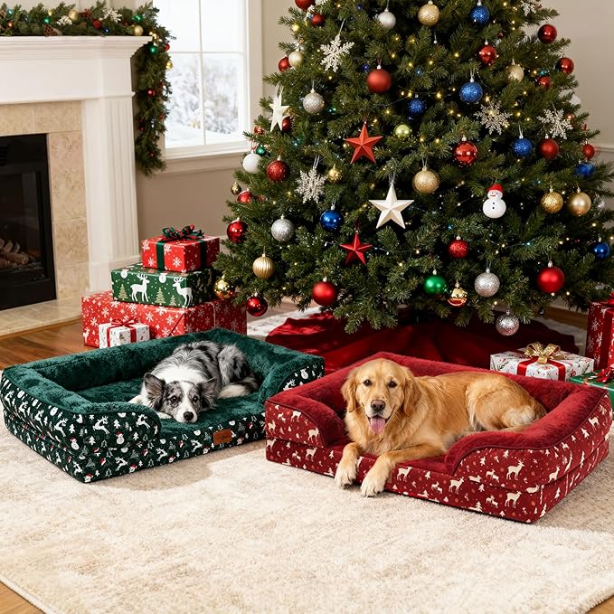 Comfort Expression Orthopedic Dog Bed for Extra Large Dogs 42x30 Inch, Waterproof Supportive Memory Foam XL Pet Bed with Removable Bolsters, Dog Couch with Washable Cover & Non-Slip Bottom, Red