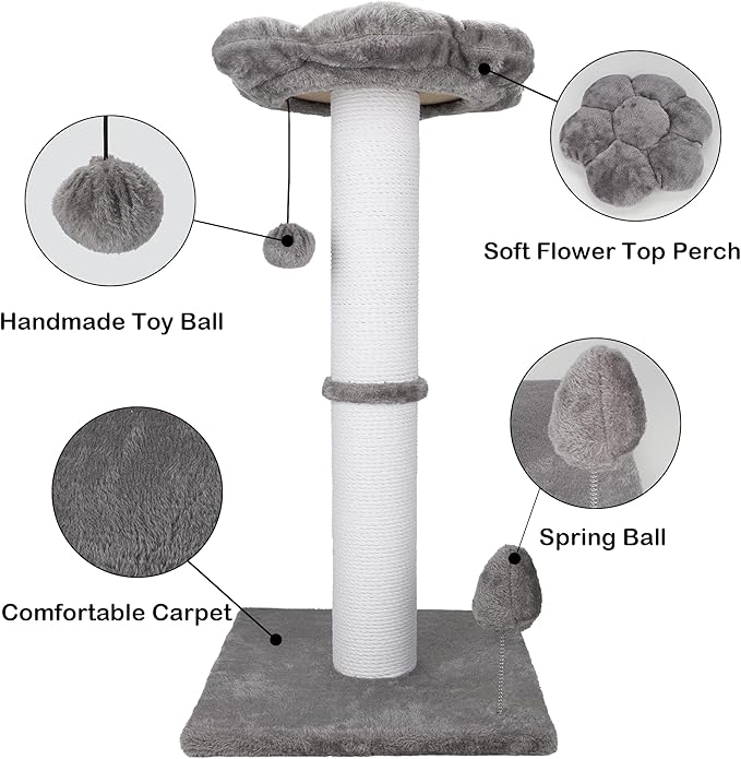 Cat Scratching Post 30 Inches Heavy Duty and Thicker Cat Scratching Post Sisal Rope with Hanging Ball and Flower Cat Perch for Indoor Cats and Adult(Grey)