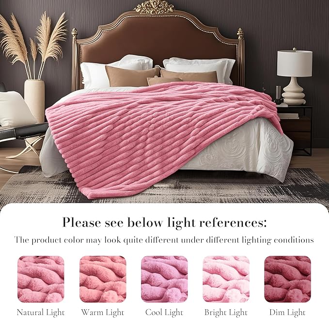 Amélie Home Faux Fur Throw Blanket for Couch, Cozy Fuzzy Fluffy Fur Luxurious Soft Striped Plush Gift Blankets for Family Sofa Chair Bedroom, 55"x70", Pink