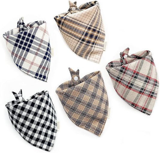 5PCS Dog Bandanas with Button - Thick Triangle Bibs Dual Layer Soft Cotton Scarves for Small Medium Boy Girl Puppy Cat Pet Baby Square Plaid Printing Washable Kerchief Halloween Costumes Outfits