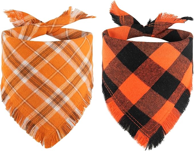 Kytely Thanksgiving Fall Dog Bandana 2Pack, Autumn Dog Bandanas, Orange Plaid Pet Scarf for Boy and Girl, Holiday Halloween Reversible Triangle Bibs Accessories for Dogs Pets(Small)