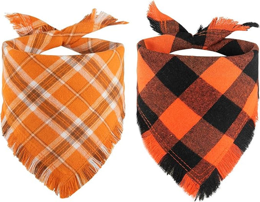 Kytely Thanksgiving Fall Dog Bandana 2Pack, Autumn Dog Bandanas, Orange Plaid Pet Scarf for Boy and Girl, Holiday Halloween Reversible Triangle Bibs Accessories for Dogs Pets(Small)