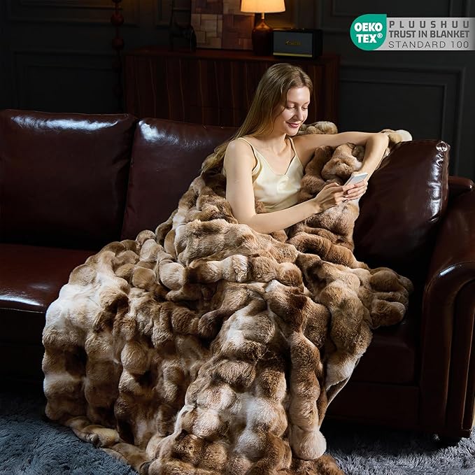Faux Fur Throw Blanket for Couch, Fluffy Fuzzy Plush Bubble Blanket, Soft Warm Cozy Shaggy Rabbit Blanket, Luxury Decorative Gifts for Sofa Bedroom Living Room, 60x50inch (Tie-Dye-Brown)
