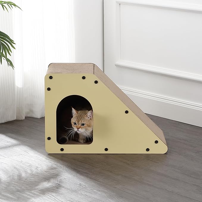 CSR1008A Kento 23.63" Minimalist Cardboard Angled Cat Cave Scratcher with Catnip, Almond