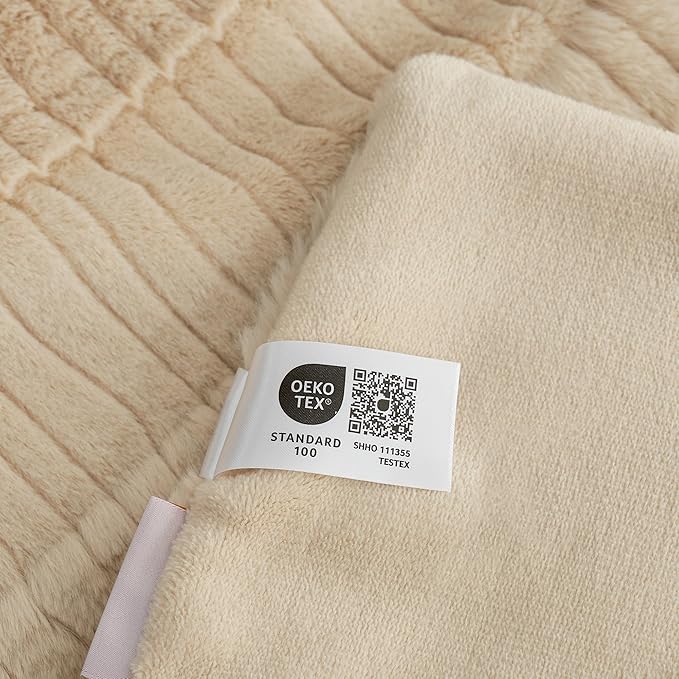 Amélie Home Luxury Striped Faux Fur Throw Blanket for Bed Queen Size, Soft Cozy Fuzzy Fluffy Plush Gift Blankets for Women, 88"x90", Beige