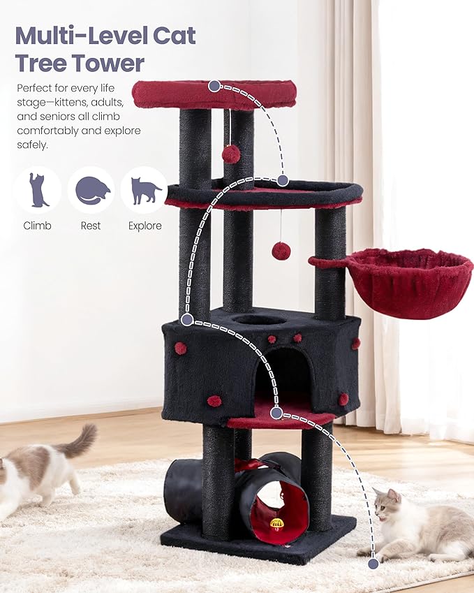 Cat Tree Tower for Indoor Cats Large Adult - Heavy Duty Extra Wide Maine Coon Condo House with Hammock Scratching Post Tunnel - 60 Inch XL Feline Bed Condos Trees - Big Multi Level Cat Houses Stand
