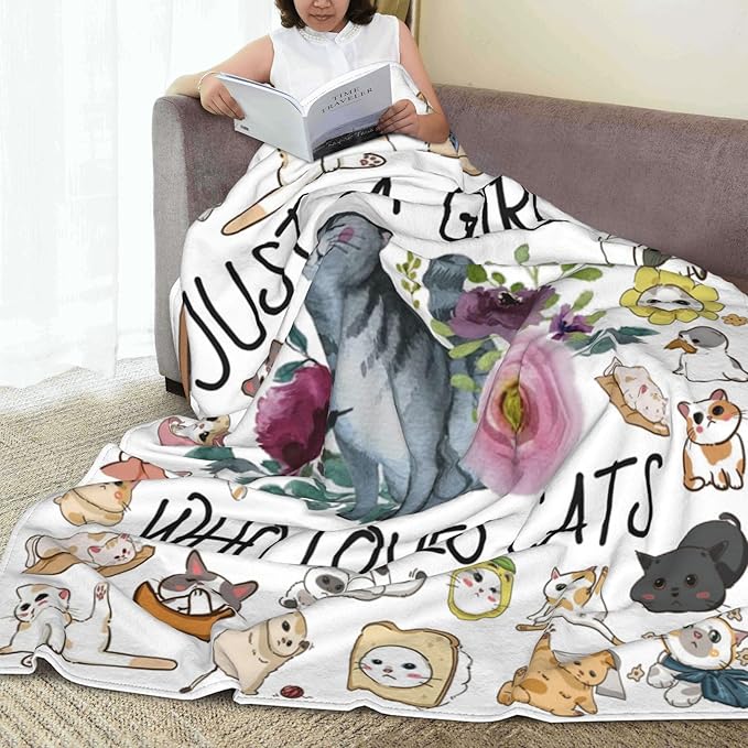 Cat Blanket Ultra Soft Flannel Throw Blanket Just a Girl Who Loves cat Blankets Cat Gifts for Cat Lovers Cozy Lightweight Blankets for Women Kids Adults 50"X 40"