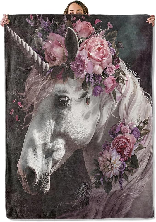 Unicorn Gifts, Unicorn and Floral Blanket for Adults Women Kids, 80x60 in, Cozy Fuzzy Warm Soft Throw Blankets for Bedroom, Camping, Couch, Decor