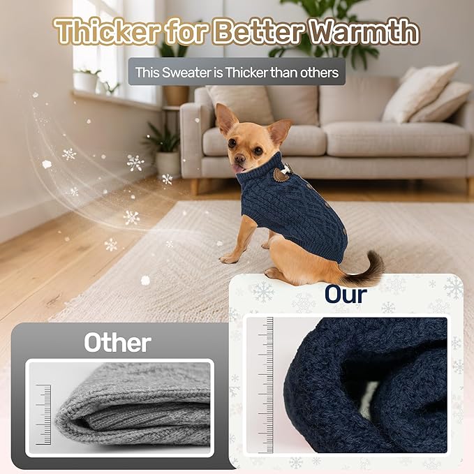 WOYYHO Dog Sweater for Small Dogs, Cable Knit Pullover with Cow Horn Button, Warm Round Neck Winter Knitted Clothes for Puppy Chihuahua Yorkie Dachshund, Navy Blue S