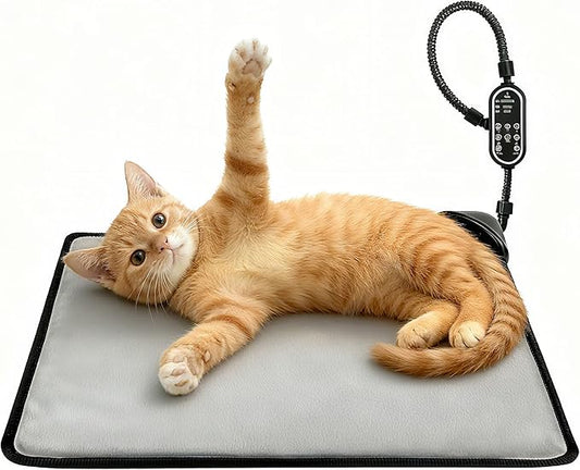 Pet Heating Pad for Cats & Dogs,Safe Electric Cat Warming Pad with Chew Resistant Cord,Automatic Induction Heated Cat Bed,Adjustable Temperature & Time (Light Grey, 17.7" x 17.7")