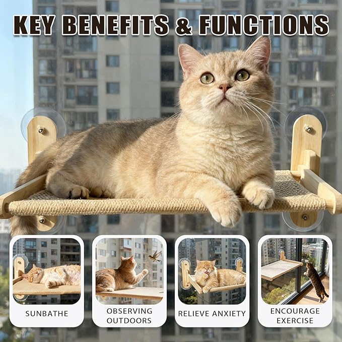 Cat Window Perch with Strong Suction Cups, Foldable Bed with Breathable Mesh, All-Season Lounger for Medium Small Cats to Bird Watch & Sunbathe