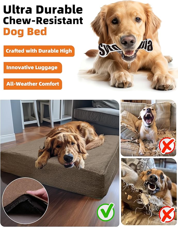 Sytopia 36-Inch Indestructible Chew-Resistant Dog Bed – Large, Waterproof & Orthopedic Pet Bed for Outdoor Use, Supports Up to 60 lbs, Machine-Washable, Great for Crates – Caramel Brown