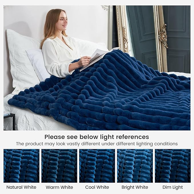 Cozy Bliss Faux Fur Throw Blanket for Couch, Cozy Warm Plush Striped Blanket for Sofa Bedroom Living Room, 50 * 60 Inches Navy Blue