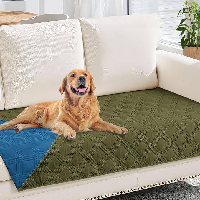 hyha Waterproof Dog Blanket, Reversible Pet Bed Blanket, Soft Sofa Couch Cover for Dogs Washable, Waterproof Pet Couch Covers for Sofa Puppy Cats Furniture Protector(30"x70", Green/Navy Blue)