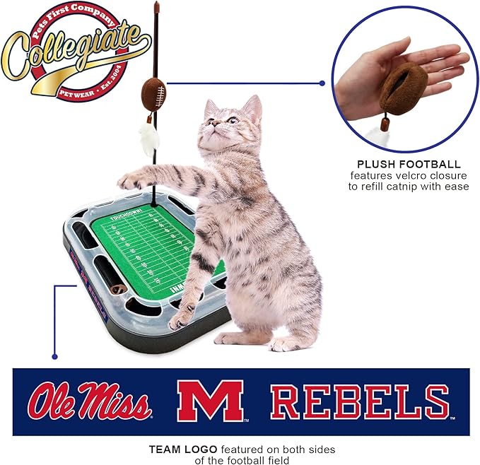 Cat Scratching Toy NCAA Louisville Cardinals Football Field Cat Scratcher Toy + Interactive Cat Ball Bell in Tracks. 5-in-1 CAT Toy: Cat Wand Poll + Catnip Filled Plush Football & Feathers