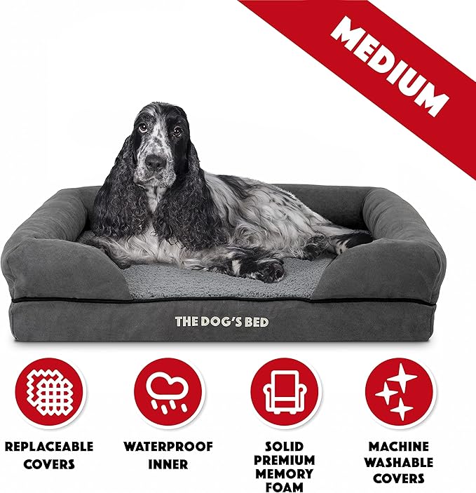 The Dog’s Bed, Medium Grey Plush Memory Foam, Pain Relief: Arthritis, Hip & Elbow Dysplasia, Post Surgery, Lameness, Supportive, Calming, Washable Cover