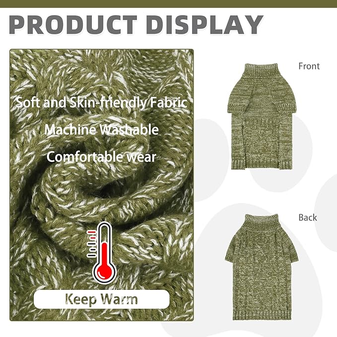 KOOLTAIL Thermal Knitted Dog Sweater for Small Medium Large Dogs, Turtleneck Cable Knit Doggy Winter Coat Warm Clothes Sweatshirt Outfits for Cold Weather, Pullover Pet Jumper for Puppy Cats Green L