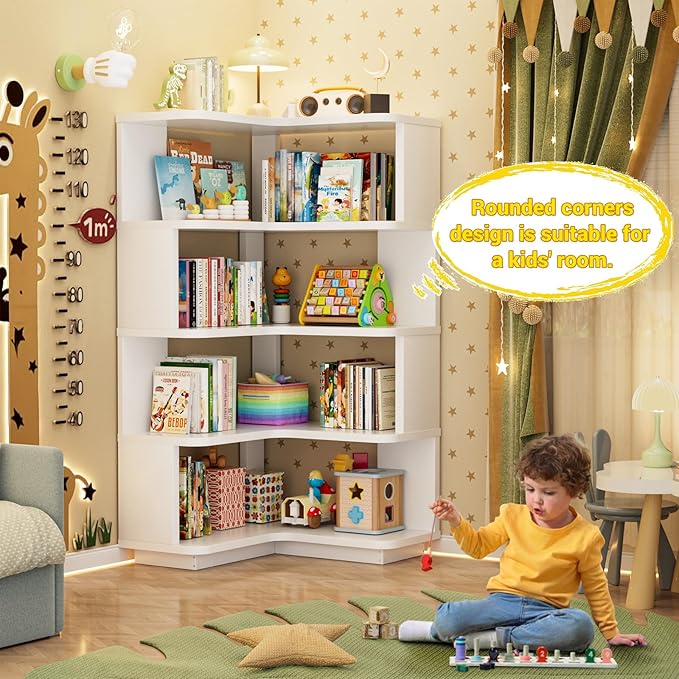 Armocity Corner Book Shelf - 5 Tier Corner Bookshelf Etagere Bookcase with Baffle, Freestanding L Shaped Display Shelf Stand for Home Office, Living Room, Bedroom, Kitchen, White