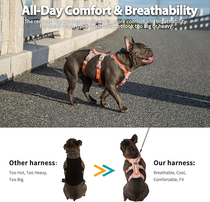 Huntboo Escape Proof Dog Harness, Escape Artist Harness, Fully Reflective Harness with Padded Handle, Breathable, Durable, Adjustable Vest for Small Dogs Walking, Training, and Running Gear (Orange,S)