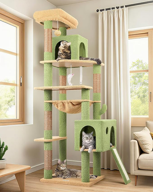 Globlazer Cactus Cat Tree Tower, 70inch Heavy Duty Cat Tree for Indoor Cats Sturdy Large Cat Tower with Scratching Post and Scratching Board, Hammock, Cat Condo for Adult Cats Kittens, F70 Pro, Green