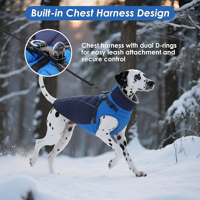 ASENKU Reflective Dog Coat with Built-in Harness, Windproof Fleece-Lined Dog Jacket for Small, Medium, Large Dogs, Warm Winter Vest with Turtleneck & Zipper (Navyblue 2XL)
