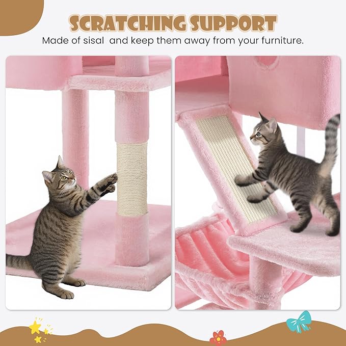 SHA CERLIN 81in Multi-Level Tall Cat Tree Tower for Indoor Kitties/Larger Cat Condo Furniture with Hammock/Cozy Pussycat Perches/Sisal Scratching Posts/Pet House/Wide Base/Pink