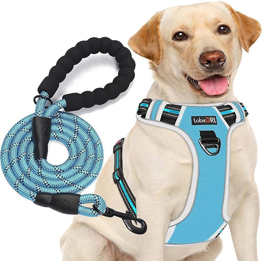 No Pull Harness with A Free Heavy Duty 5ft Leash for Medium Large Dog Adjustable Reflective Oxford Easy Control (L (Neck: 18"-25.5", Chest: 25.5"-31"), Blue/Grey Harness+Leash)