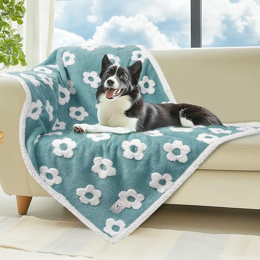 Luciphia Waterproof Pet Blanket for Medium Large Dogs Washable Fluffy Thick Jacquard Shag Fleece Warm Sherpa 3D Textured Flower Print for Cats Puppy Couch Protection (Blue,57x40 inches)