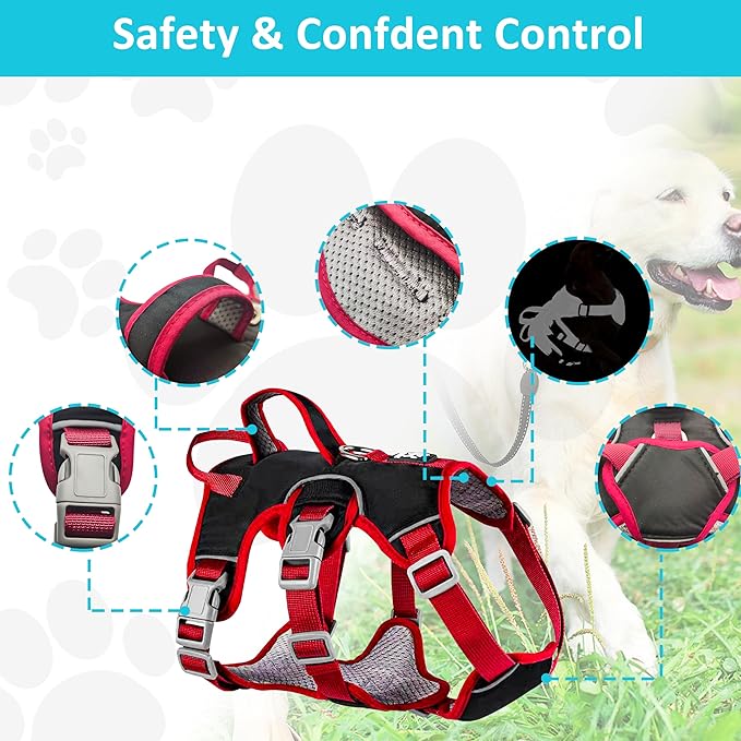 Escape Proof Dog Harness, No Pull Reflective Adjustable Vest with Easy Control Lift Handle, No Choke Soft Padded Breathable Full Body Pet Harness for Walking Hiking and Training (Red, Medium)