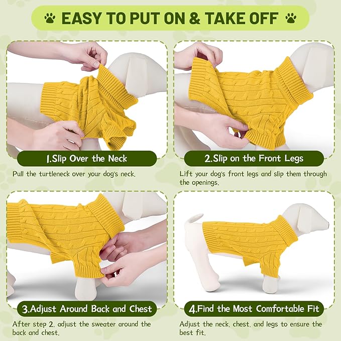 Small Dog Thermal Pullover Sweater, Classic Turtleneck Cable Knitwear Dog Clothes for Cold Weather Warm Pet Clothes for Chihuahua, Bulldog, Dachshund, Pug Yellow Small