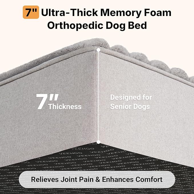 Veehoo Orthopedic Dog Bed for Large Senior Dogs, 7 Inch Thick XL Memory Foam Dog Bed with L Shaped Bolsters, Orthopedic Pet Couch with Waterproof Liner & Removable Washable Cover, 48"x30"x7"