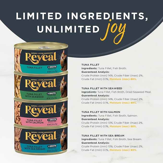 Reveal Natural Wet Canned Cat Food, Limited Ingredient, Grain Free, High Protein with No Artificial Additives, Fish Variety in Broth (20 x 2.47 oz Cans)