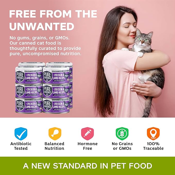 Pure Cravings Chicken and Lamb Recipe in Broth, Shredded Wet Cat Food, Grain-Free Protein, Non-GMO, 12 Pack